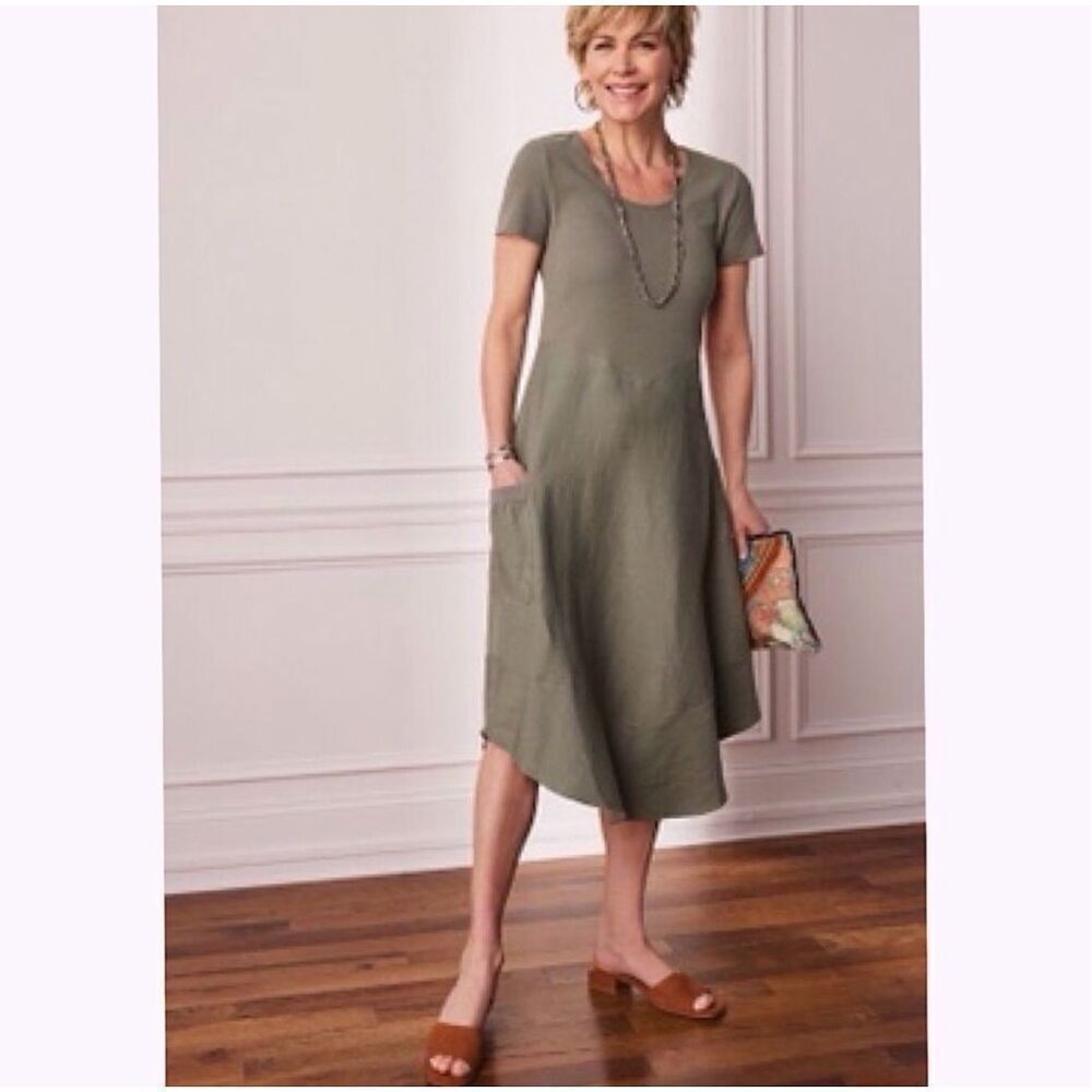 ✨Soft Surroundings Davina Linen Blend Midi Olive Green Sz XL Dress✨